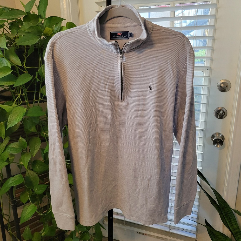 Vineyard Vines Mens Gray Striped Quarter Zip Pullover Cactus AZ Logo Size M